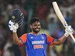 Sanju Samson celebrates his century in the third T20I against Bangladesh, in Hyderabad on Saturday