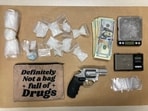 Police found 79 fentanyl pills, three fake oxycodone tablets and 230g of methamphetamine inside the little pouch.