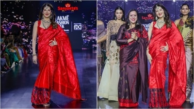 Sangeeta Bijlani embraced the elegance of six yards as she walked the ramp as the showstopper for designer Sanjukta Dutta. Dressed in a vibrant red saree, paired with a stunning Kundan necklace, she radiated glamour and grace. (Instagram) Sangeeta Bijlani embraced the elegance of six yards as she walked the ramp as the showstopper for designer Sanjukta Dutta. Dressed in a vibrant red saree, paired with a stunning Kundan necklace, she radiated glamour and grace. (Instagram)