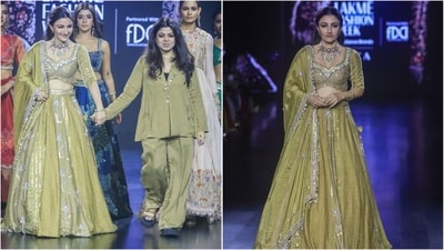 Soha Ali Khan graced the ramp for designer Simmi Saboo, looking absolutely gorgeous in a mustard green ethnic ensemble. Paired with exquisite jewellery and soft makeup, she exuded elegance. (Instagram) Soha Ali Khan graced the ramp for designer Simmi Saboo, looking absolutely gorgeous in a mustard green ethnic ensemble. Paired with exquisite jewellery and soft makeup, she exuded elegance. (Instagram)