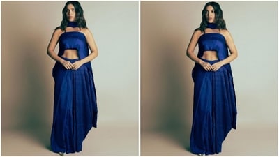 In the post, Bhumi can be seen donning a mesmerising blue saree from the shelves of the brand Label Shimona Agrawal. (Instagram/@bhumipednekar) In the post, Bhumi can be seen donning a mesmerising blue saree from the shelves of the brand Label Shimona Agrawal. (Instagram/@bhumipednekar)