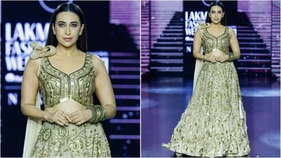Karisma Kapoor stuns as the showstopper for designer Urmil, donning a gorgeous light green lehenga paired with a glamorous makeup look. (Instagram) Karisma Kapoor stuns as the showstopper for designer Urmil, donning a gorgeous light green lehenga paired with a glamorous makeup look. (Instagram)