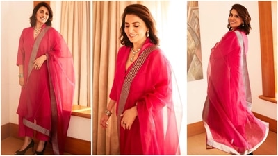  Neetu Kapoor is the epitome of elegance in this simple pink kurta, styled with an organza dupatta and matching pants. Paired with a white polki necklace and black high heels, she perfectly completes her graceful look. (Instagram/@neetu54) Neetu Kapoor is the epitome of elegance in this simple pink kurta, styled with an organza dupatta and matching pants. Paired with a white polki necklace and black high heels, she perfectly completes her graceful look. (Instagram/@neetu54)