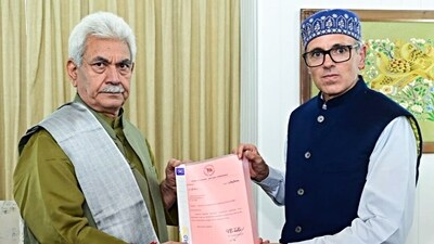 Jammu and Kashmir National Conference Vice President Omar Abdullah meets LG Manoj Sinha to stake claim to form the government, at Rajbhawan in Srinagar on Friday. (JKNC - X) Jammu and Kashmir National Conference Vice President Omar Abdullah meets LG Manoj Sinha to stake claim to form the government, at Rajbhawan in Srinagar on Friday. (JKNC - X)