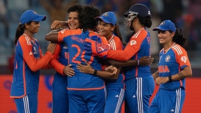 Indian players celebrates the wicket of Sri Lanka's Nilakshika Silva during the ICC Women's T20 World Cup 2024 match between India and Sri Lanka at Dubai International Stadium, United Arab Emirates, Wednesday, Oct. 9, 2024 (AP) Indian players celebrates the wicket of Sri Lanka's Nilakshika Silva during the ICC Women's T20 World Cup 2024 match between India and Sri Lanka at Dubai International Stadium, United Arab Emirates, Wednesday, Oct. 9, 2024 (AP)