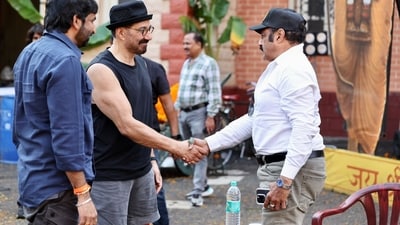 Gopichand Malineni, Sunny Deol, Balakrishna on the sets of SDGM in Hyderabad.