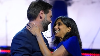 Republican vice presidential candidate Sen. JD Vance, R-Ohio, hugs his wife Usha Chilukuri Vance after speaking on third day of the Republican National Convention at the Fiserv Forum, Wednesday, July 17, 2024, in Milwaukee. (AP Photo/Evan Vucci) (AP) Republican vice presidential candidate Sen. JD Vance, R-Ohio, hugs his wife Usha Chilukuri Vance after speaking on third day of the Republican National Convention at the Fiserv Forum, Wednesday, July 17, 2024, in Milwaukee. (AP Photo/Evan Vucci) (AP)