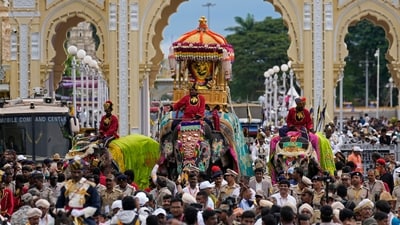 The last day of Dusshera in Mysuru includes the grand 'Jumboo Savari', meaning the elephant procession. (AP)