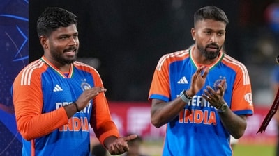 Hardika Pandya and Sanju Samson applauds during the presentation ceremony after winning the third and final T20 International cricket match between India and Bangladesh (PTI) Hardika Pandya and Sanju Samson applauds during the presentation ceremony after winning the third and final T20 International cricket match between India and Bangladesh (PTI)