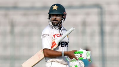 Pakistan's Babar Azam reacts as he walks off the field after his dismissal. (AP) Pakistan's Babar Azam reacts as he walks off the field after his dismissal. (AP)
