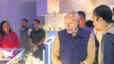 Prime Minister Narendra Modi during a visit to the PM GatiShakti Anubhuti Kendra at the Bharat Mandapam on Sunday. (PTI) Prime Minister Narendra Modi during a visit to the PM GatiShakti Anubhuti Kendra at the Bharat Mandapam on Sunday. (PTI)