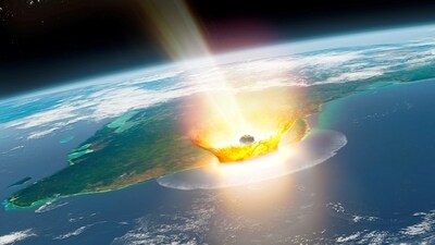 An artist's impression of a large asteroid impacting at Chicxulub on the Mexican coastline, which caused the end-Cretaceous mass extinction, 66 million years ago, with the planet Mars and asteroid bodies in the background. (Illustration by Mark Garlick/Handout via REUTERS)
