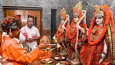 Uttar Pradesh chief minister Yogi Adityanath offering prayers at Gorakhnath temple in Gorakhpur. (ANI PHOTO) Uttar Pradesh chief minister Yogi Adityanath offering prayers at Gorakhnath temple in Gorakhpur. (ANI PHOTO)