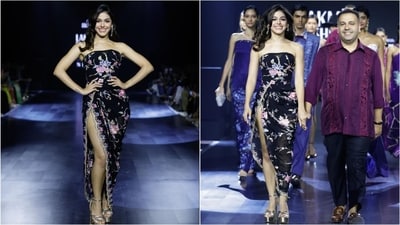 Alaya F wowed in a stunning black gown by Ashdeen, featuring an off-shoulder neckline and a thigh-high slit. The intricate floral embroidery adorning the gown added a touch of sartorial elegance. (Instagram) Alaya F wowed in a stunning black gown by Ashdeen, featuring an off-shoulder neckline and a thigh-high slit. The intricate floral embroidery adorning the gown added a touch of sartorial elegance. (Instagram)