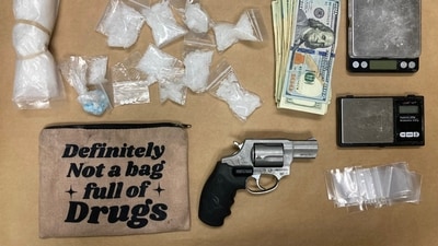 Police found 79 fentanyl pills, three fake oxycodone tablets and 230g of methamphetamine inside the little pouch. (X/@ppbeast) Police found 79 fentanyl pills, three fake oxycodone tablets and 230g of methamphetamine inside the little pouch. (X/@ppbeast)