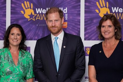 Sally Jackson Senior Vice President, Global Communications and CEO Office of GSK, Britain's Prince Harry and Sally Beck from Royal Lancaster Hotel, from left, pose for photographers before they attend the WellChild Awards ceremony in London, Monday, Sept. 30, 2024. The event celebrates inspirational young people living with serious illnesses. (AP) Sally Jackson Senior Vice President, Global Communications and CEO Office of GSK, Britain's Prince Harry and Sally Beck from Royal Lancaster Hotel, from left, pose for photographers before they attend the WellChild Awards ceremony in London, Monday, Sept. 30, 2024. The event celebrates inspirational young people living with serious illnesses. (AP)