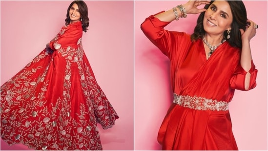 Neetu Kapoor's modern saree look features a chic red satin blouse, with the saree beautifully draped and cinched with an embellished belt. She completes the ensemble with a floral embroidered dupatta(Instagram/@neetu54)