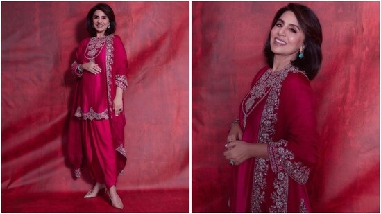 Neetu Kapoor's bright pink kurta look features silver embellished borders, paired with matching dhoti pants and a dupatta, she exudes absolute glamour.(Instagram/@neetu54)