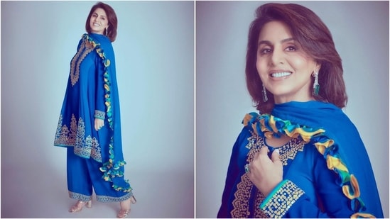 In another ethnic look, she rocked a blue loose-fit kurta with golden embroidery, paired with palazzo pants and a frilled dupatta. She truly nailed the look.(Instagram/@neetu54)