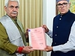 Jammu and Kashmir National Conference Vice President Omar Abdullah meets LG Manoj Sinha to stake claim to form the government, at Rajbhawan in Srinagar on Friday. 