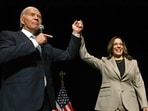 US President Joe Biden points to Vice President and Democratic presidential candidate Kamala Harris in the overflow room after they spoke at Prince George's Community College in Largo, Maryland, on August 15, 2024. US President Joe Biden points to Vice President and Democratic presidential candidate Kamala Harris in the overflow room after they spoke at Prince George's Community College in Largo, Maryland, on August 15, 2024.