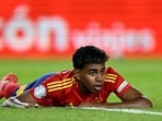Spain's Lamine Yamal reacts after missing a chance to score.