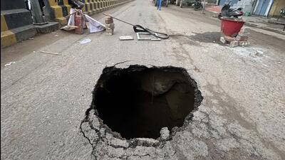 A portion of Basai Road collapsed near Pataudi Chowk earlier this year. (Parveen Kumar/HT Photo) A portion of Basai Road collapsed near Pataudi Chowk earlier this year. (Parveen Kumar/HT Photo)