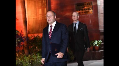 Canada Deputy High Commissioner to India Stewart Wheeler coming out from External Affair Ministry after meeting with Secretary (East) Jaideep Mazumder at South Block, in New Delhi, on Monday. (HT Photo)