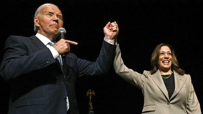 US President Joe Biden points to Vice President and Democratic presidential candidate Kamala Harris in the overflow room after they spoke at Prince George's Community College in Largo, Maryland, on August 15, 2024. (AFP) US President Joe Biden points to Vice President and Democratic presidential candidate Kamala Harris in the overflow room after they spoke at Prince George's Community College in Largo, Maryland, on August 15, 2024. (AFP)