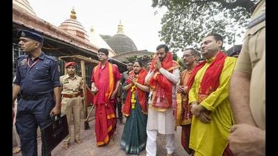 Haryana chief minister Nayab Singh Saini and his wife,Suman, at Kamakhya Temple in Guwahati on Monday. (PTI Photo) Haryana chief minister Nayab Singh Saini and his wife,Suman, at Kamakhya Temple in Guwahati on Monday. (PTI Photo)