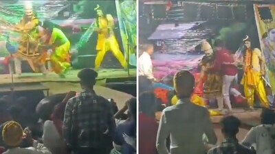 The two actors quickly abandoned the use of their weapons and came to blows on the stage of a Ramleela performance in UP. (X/@aditytiwarilive) The two actors quickly abandoned the use of their weapons and came to blows on the stage of a Ramleela performance in UP. (X/@aditytiwarilive)