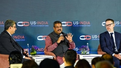 Union education minister Dharmendra Pradhan addresses the US-India Strategic Partnership Forum (USISPF) India Leadership Summit 2024, at The Taj Hotel in New Delhi on Monday. (ANI)