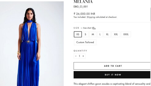 Kriti's blue gown costs ₹26,000. (https://demebygabriella.com/) Kriti's blue gown costs ₹26,000. (https://demebygabriella.com/)