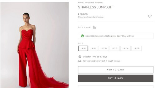 Kajol's red jumpsuit comes with a price tag of ₹68,000. (https://www.gauriandnainika.com/) Kajol's red jumpsuit comes with a price tag of ₹68,000. (https://www.gauriandnainika.com/)