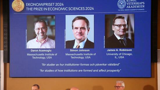 Academy of Sciences permanent secretary Hans Ellegren, Jakob Svensson and Jan Teorell, of the Nobel Assembly at the Swedish Riksbank announce the Swedish Riksbank's prize in economic science in memory of Alfred Nobel 2024, which goes to Daron Acemoglu, Simon Johnson and James A. Robinson, during a press meeting at the Royal Swedish Academy of Sciences in Stockholm, on Monday. (REUTERS)