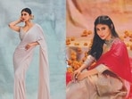 Outfit: Basanti
The actor looks drop-dead gorgeous in a chiffon saree paired with a pearl blouse from Basanti - Kapde Aur Koffee’s collection. She is wearing jumkas from Crisanto Jewels.
Outfit: W for woman
Jewellery: Crisanto Jewels
Mouni Roy exudes timeless elegance in a gold tissue tunic with intricate Gota Patti work, paired with panelled sharara and a contrasting dupatta from W For Woman, perfect for the festive season. She completes the look with a striking choker necklace from Crisanto, featuring green gemstones and elaborate metalwork.
