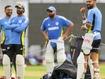 Bengaluru: Indian Captain Rohit Sharma, Virat Kohli and Ravindra Jadeja during a training session ahead of the first cricket test match between India and New Zealand at M. Chinnaswamy Stadium. Bengaluru: Indian Captain Rohit Sharma, Virat Kohli and Ravindra Jadeja during a training session ahead of the first cricket test match between India and New Zealand at M. Chinnaswamy Stadium.