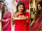 Katrina Kaif, Priyanka Chopra and Sonam Kapoor's Karwa Chauth looks. Katrina Kaif, Priyanka Chopra and Sonam Kapoor's Karwa Chauth looks.
