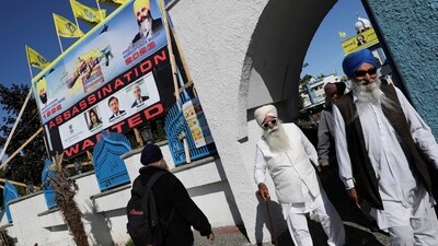 A sign outside the Guru Nanak Sikh Gurdwara temple is seen after the killing on its grounds in June 2023 of Sikh leader Hardeep Singh Nijjar, in Surrey, British Columbia, Canada September 18, 2023. (REUTERS)