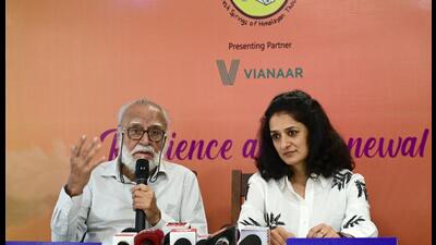 Khushwant Singh Literary Festival director Rahul Singh interacting with the media during a press conference at Chandigarh Press Club on Tuesday.  (Ravi Kumar/HT)