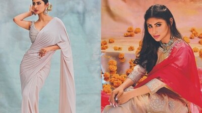 Outfit: Basanti
The actor looks drop-dead gorgeous in a chiffon saree paired with a pearl blouse from Basanti - Kapde Aur Koffee’s collection. She is wearing jumkas from Crisanto Jewels.
Outfit: W for woman
Jewellery: Crisanto Jewels
Mouni Roy exudes timeless elegance in a gold tissue tunic with intricate Gota Patti work, paired with panelled sharara and a contrasting dupatta from W For Woman, perfect for the festive season. She completes the look with a striking choker necklace from Crisanto, featuring green gemstones and elaborate metalwork. Outfit: Basanti
The actor looks drop-dead gorgeous in a chiffon saree paired with a pearl blouse from Basanti - Kapde Aur Koffee’s collection. She is wearing jumkas from Crisanto Jewels.
Outfit: W for woman
Jewellery: Crisanto Jewels
Mouni Roy exudes timeless elegance in a gold tissue tunic with intricate Gota Patti work, paired with panelled sharara and a contrasting dupatta from W For Woman, perfect for the festive season. She completes the look with a striking choker necklace from Crisanto, featuring green gemstones and elaborate metalwork.