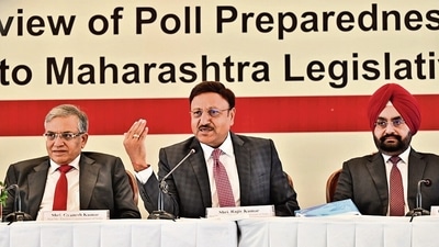 Chief Election Commissioner Rajiv Kumar along with Gyanesh Kumar(L) and Sukbhir Singh Sandhu(R) interacts with media during a press conference. (Anshuman Poyrekar/Hindustan Times file) Chief Election Commissioner Rajiv Kumar along with Gyanesh Kumar(L) and Sukbhir Singh Sandhu(R) interacts with media during a press conference. (Anshuman Poyrekar/Hindustan Times file)