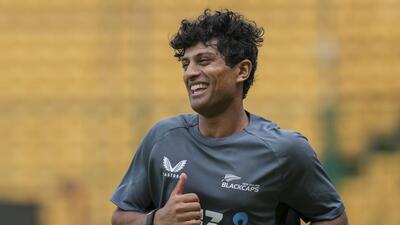 New Zealand's Rachin Ravindra during a training session ahead of the first Test against India in Bengaluru. (PTI) New Zealand's Rachin Ravindra during a training session ahead of the first Test against India in Bengaluru. (PTI)