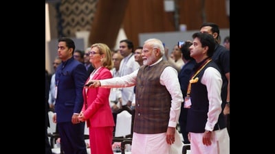 PM Narendra Modi and Union minister for communications Jyotiraditya Scindia in New Delhi on Tuesday. (HT photo) PM Narendra Modi and Union minister for communications Jyotiraditya Scindia in New Delhi on Tuesday. (HT photo)