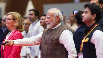 Prime Minister Narendra Modi with Union minister Jyotiraditya Scindia during the inauguration of 8th International Telecommunication Union - World Telecommunication Standardization Assembly (ITU-WTSA), at Bharat Mandapam in New Delhi. (HT Photo)