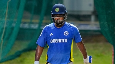 India's Sanju Samson during a practice session. (PTI) India's Sanju Samson during a practice session. (PTI)