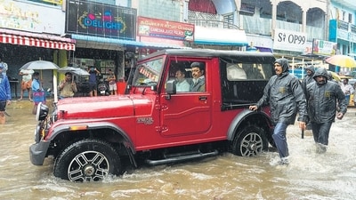 Tamil Nadu chief minister MK Stalin inspects a waterlogged area amid rain, at Pattalam in Chennai on Tuesday. (PTI) Tamil Nadu chief minister MK Stalin inspects a waterlogged area amid rain, at Pattalam in Chennai on Tuesday. (PTI)