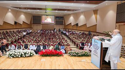 Union home minister Amit Shah addresses the Police Service Officer Trainees of 76 RR Batch of IPS Probationers, at BN Mullik Auditorium in New Delhi on Tuesday (Amit Shah - X) Union home minister Amit Shah addresses the Police Service Officer Trainees of 76 RR Batch of IPS Probationers, at BN Mullik Auditorium in New Delhi on Tuesday (Amit Shah - X)