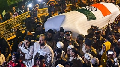Zeeshan Siddique and Arshia Siddique, son and daughter of Nationalist Congress Party (NCP) leader Baba Siddique, during his funeral procession, in Bandra. (Nitin Lawate) Zeeshan Siddique and Arshia Siddique, son and daughter of Nationalist Congress Party (NCP) leader Baba Siddique, during his funeral procession, in Bandra. (Nitin Lawate)