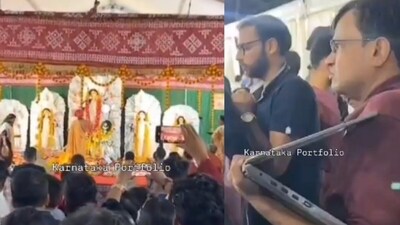 Bengaluru man attended a client meeting at a Durga Puja pandal, sparking online discussions. (X/@karnatakaportf) Bengaluru man attended a client meeting at a Durga Puja pandal, sparking online discussions. (X/@karnatakaportf)